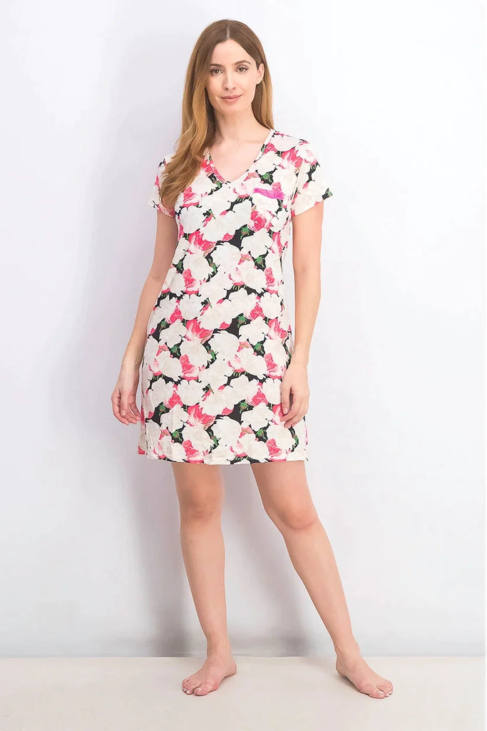 Joan Vass Egypt Women's Short Sleeve Night Gown With Chest Pocket Dress, Beige/Pink/Black