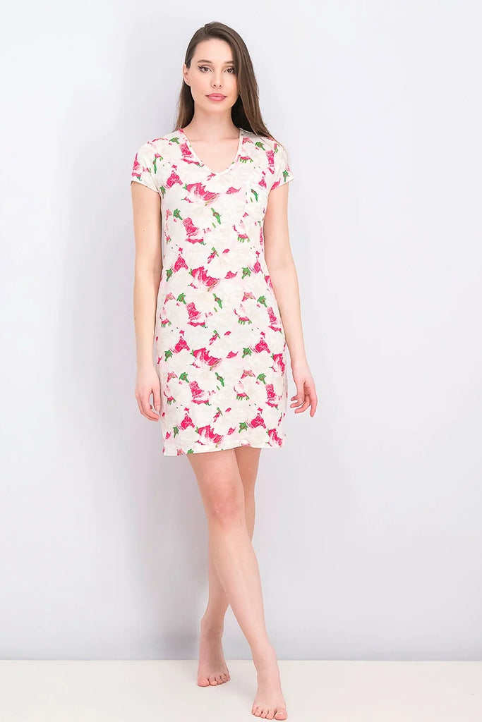 Joan Vass Women's Short Sleeve Floral Print Sleepwear, Pink/Beige