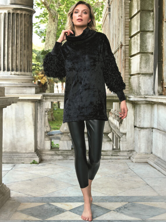 Anil Women’s Velvet Sleeve Detailed Long Sleeve Tunic And Leather Look Tights Set-