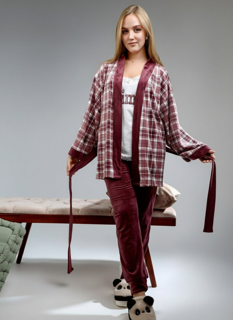 Women's elegant winter pajamas, T-shirt, pants, and short robe