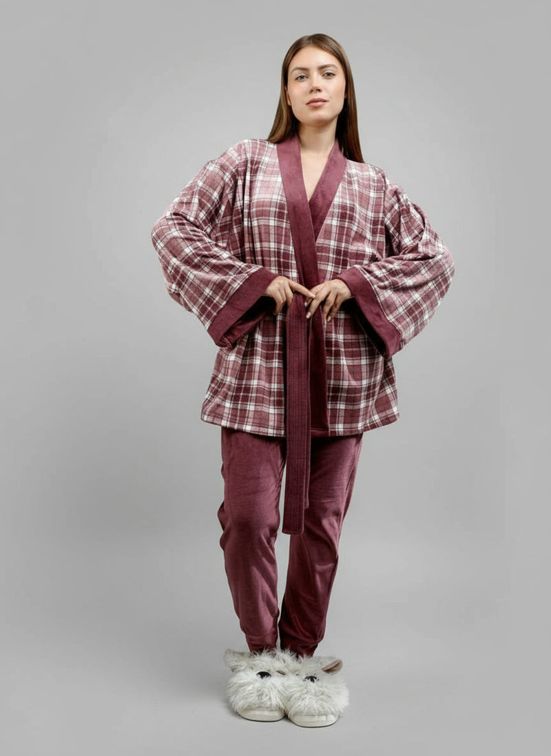 Women's elegant winter pajamas, T-shirt, pants, and short robe