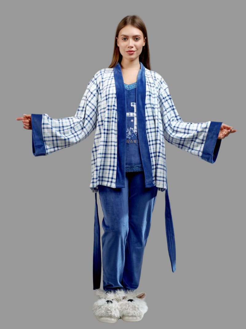 Women's elegant winter pajamas, T-shirt, pants, and short robe