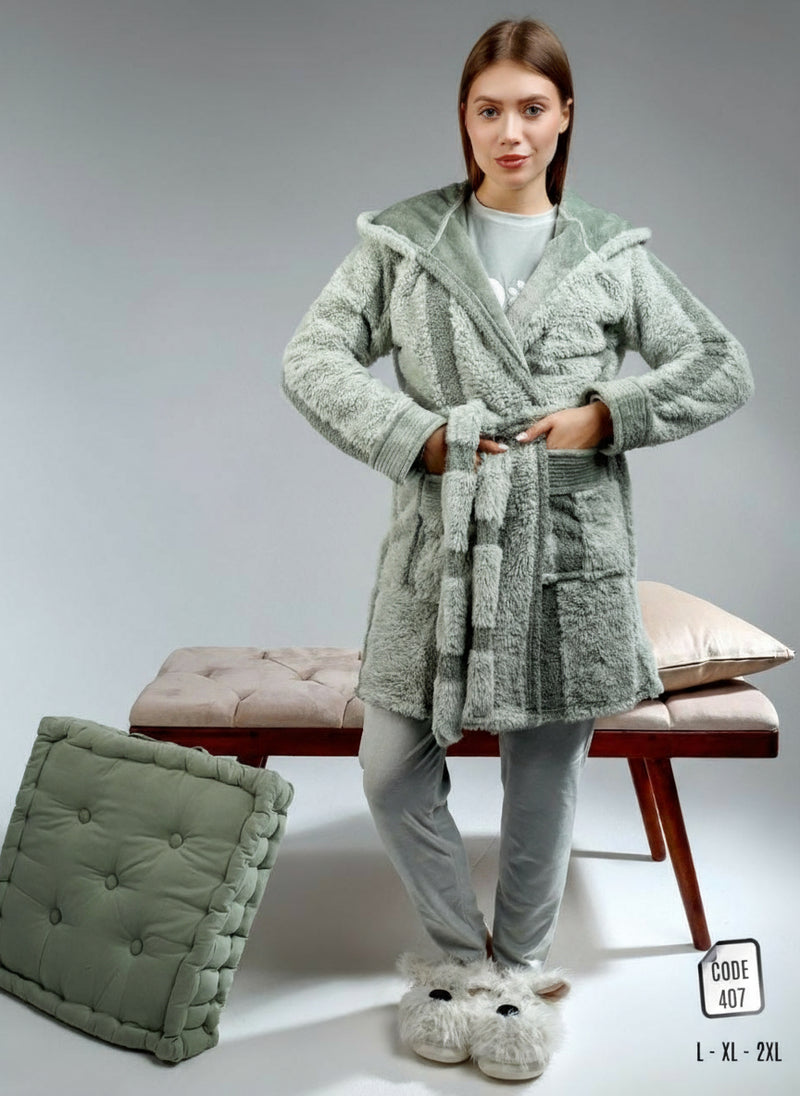 Women's winter pajamas, 3 pieces: T-shirt, pants, and robe