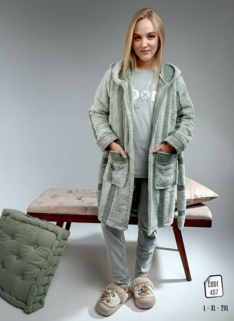 Women's winter pajamas, 3 pieces: T-shirt, pants, and robe