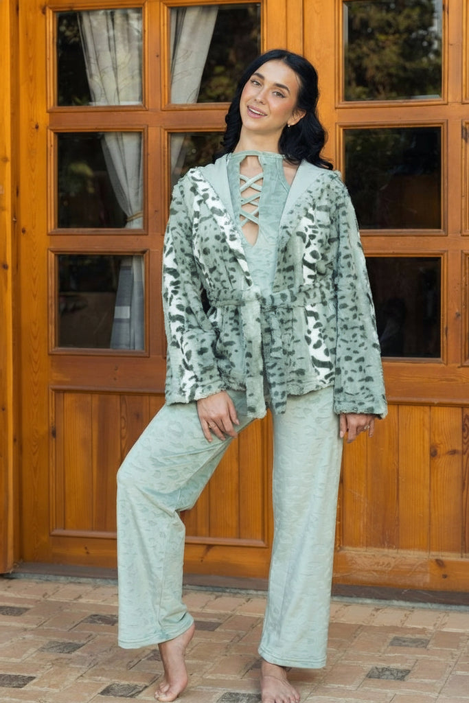 Women's 3-piece pajamas: top, pants, and jacket. Imported velvet material.