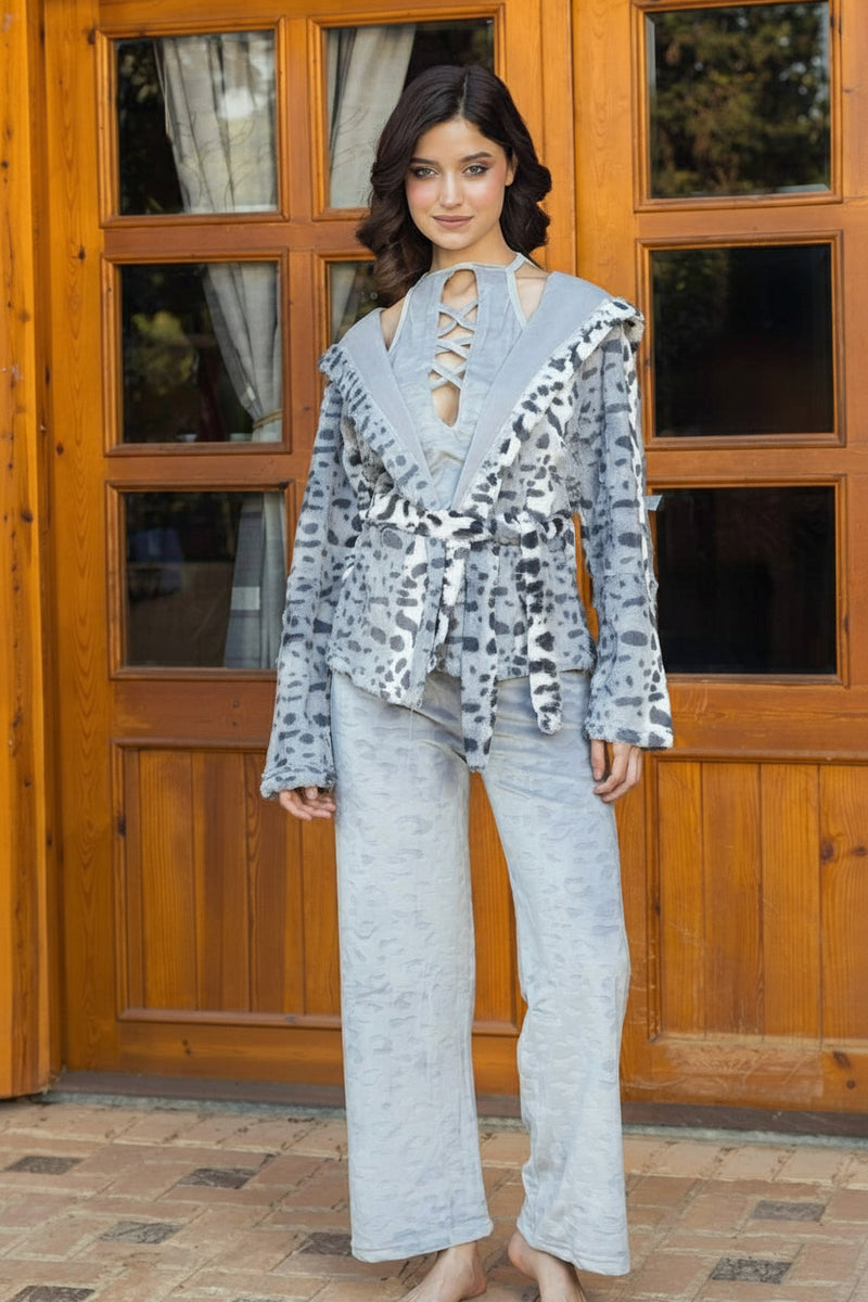 Women's 3-piece pajamas: top, pants, and jacket. Imported velvet material.