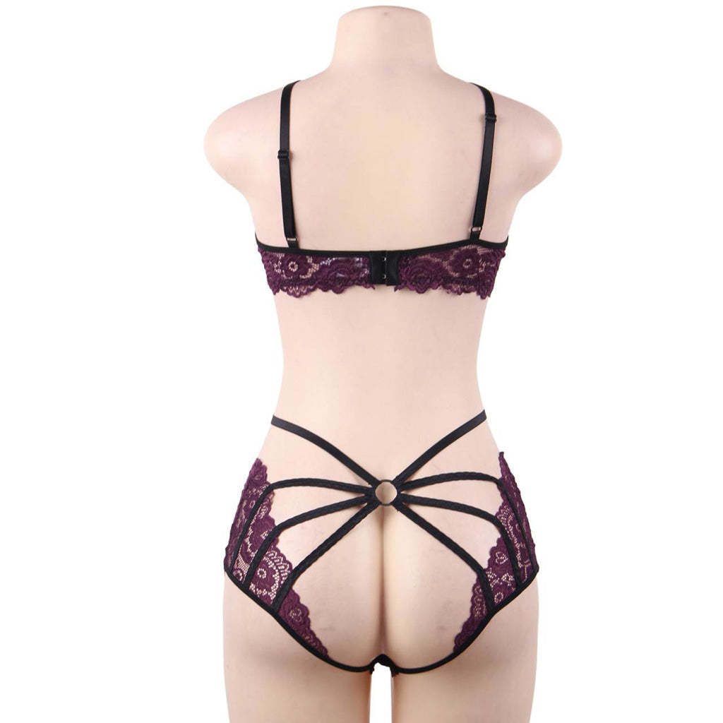 New Fashion Sexy Lace Underwire Stitching Cross Straps Sexy Bra Set