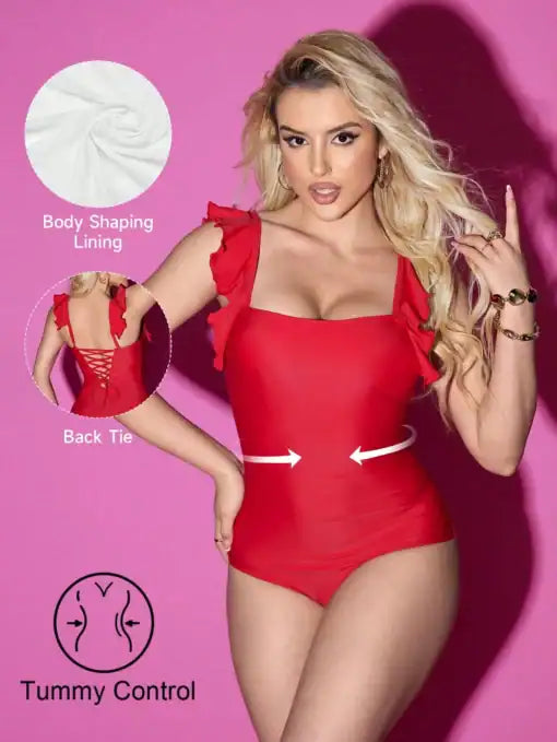 1pc Women Tummy Control Ruffle Trim Swimsuit