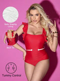 1pc Women Tummy Control Ruffle Trim Swimsuit