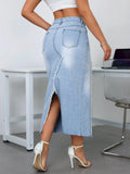 Essnce Women’s Fashion Solid Color Brushed Denim Slit A-Line Skirt