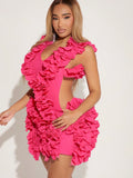 SXY Pink Knitted Multi-Layer Ruffle Hem Detail Sleeveless Backless Dress