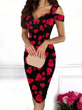 Slayr Women’s Cold-Shoulder Slim Fit Rose Printed Dress