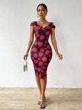 Slayr Women’s Cold-Shoulder Slim Fit Rose Printed Dress
