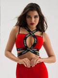 Sport Menodora Women’s Contrast Color Letter Tape Patchwork Hollow Out Sports Bra