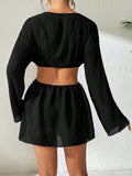 Women’s Black Cut-Out Design V-Neck Cropped Casual Top