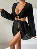 Women’s Black Cut-Out Design V-Neck Cropped Casual Top