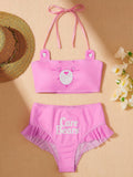 X Care Bears Ladies Knitted Cartoon Bear And Letter Print Neck Hanging Bikini Set