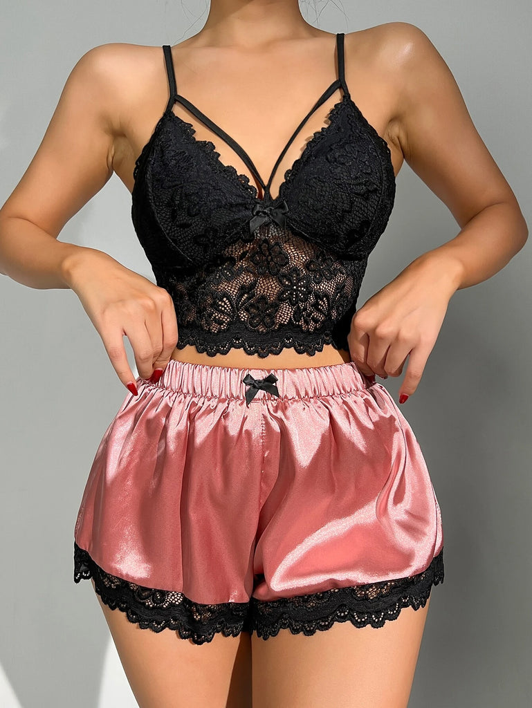 SilkySpell Floral Lace Bow Front Satin PJ Set / Pajama Set