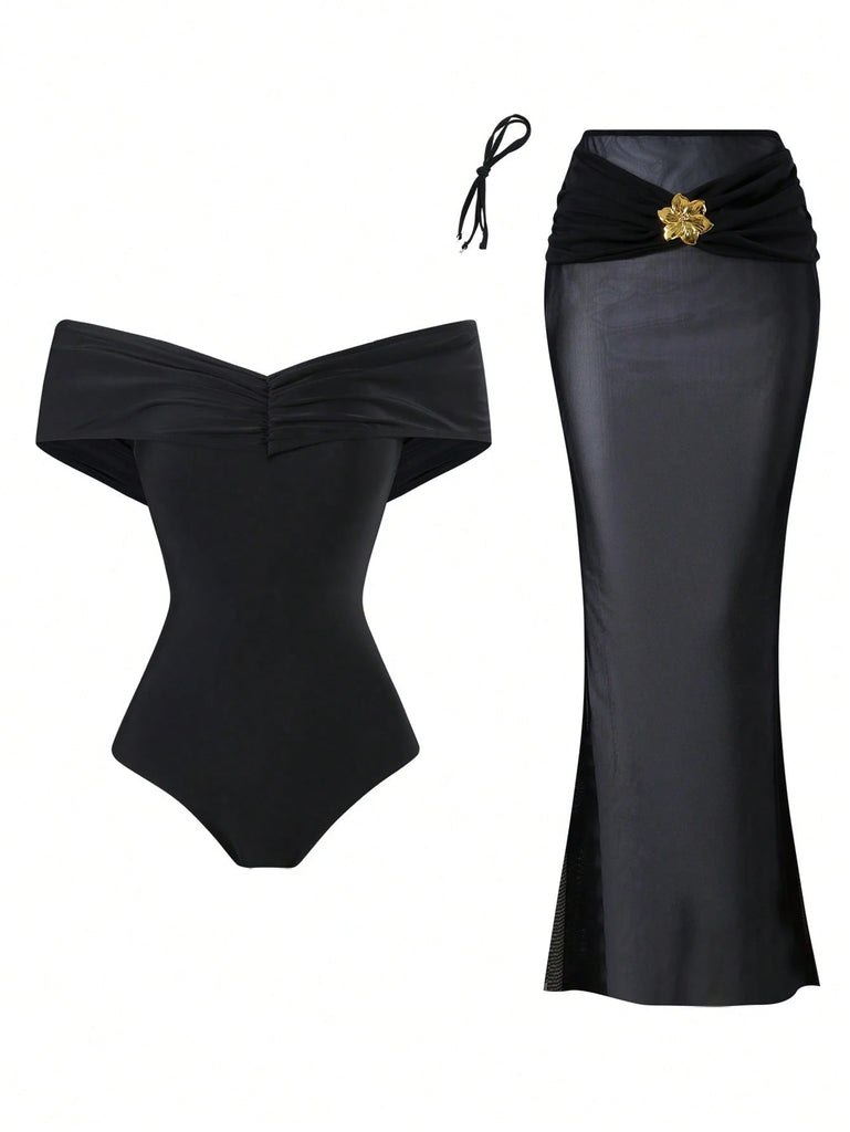 Swim Oasis 2 Pieces Set Off Shoulder Solid Color Women Sexy Backless One-Piece