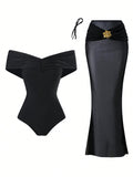 Swim Oasis 2 Pieces Set Off Shoulder Solid Color Women Sexy Backless One-Piece