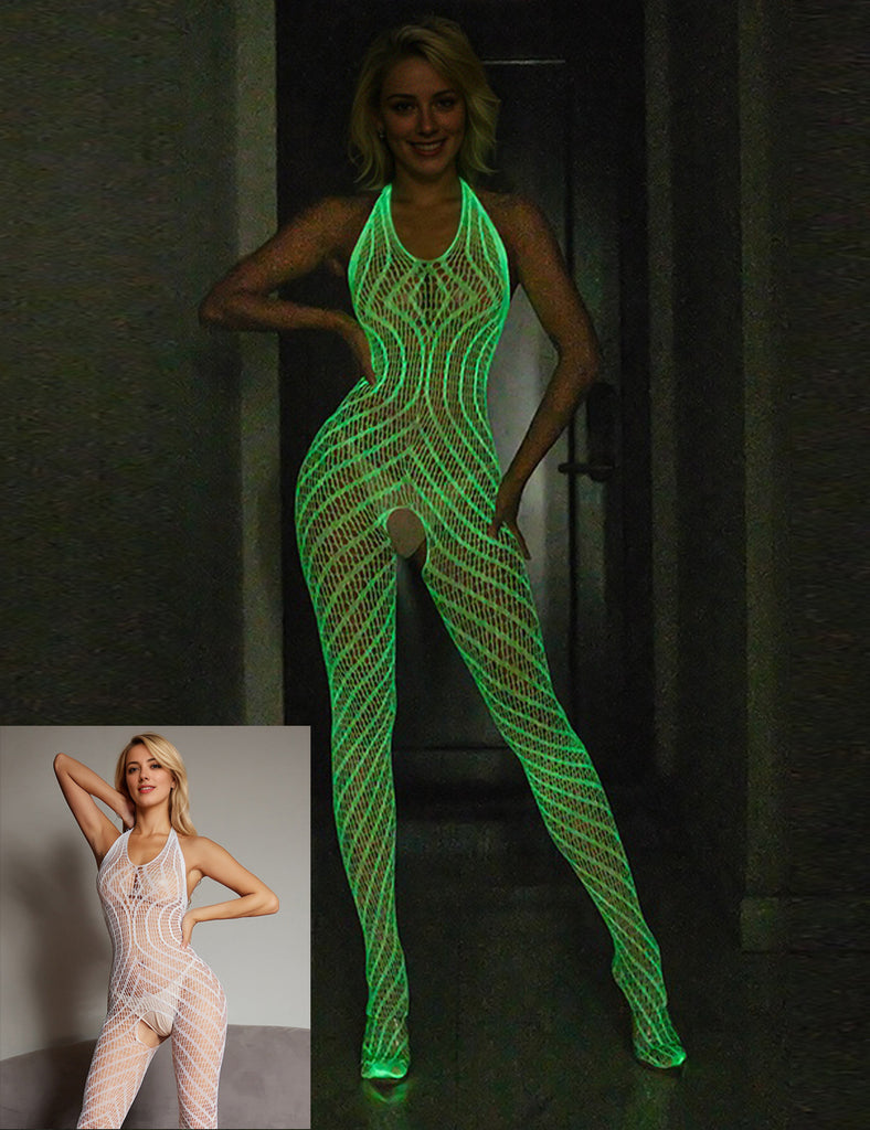 White Sexy Luminous Halter Neck Open Crotch Bodystocking