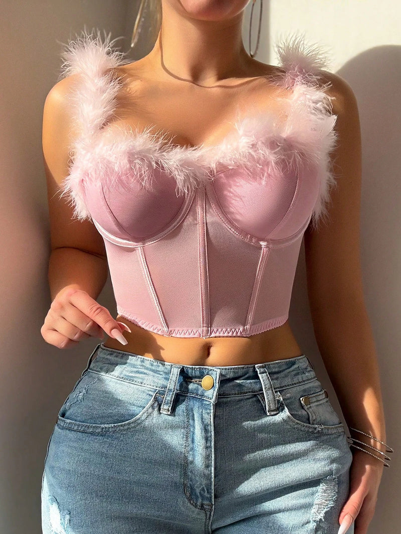 Women’s Romantic Sexy Mesh Furry Decor Boned Bustier Top