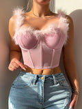 Women’s Romantic Sexy Mesh Furry Decor Boned Bustier Top