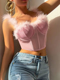 Women’s Romantic Sexy Mesh Furry Decor Boned Bustier Top