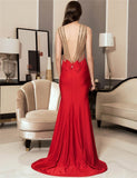 Red Backless Formal Evening Dress With Golden Strap