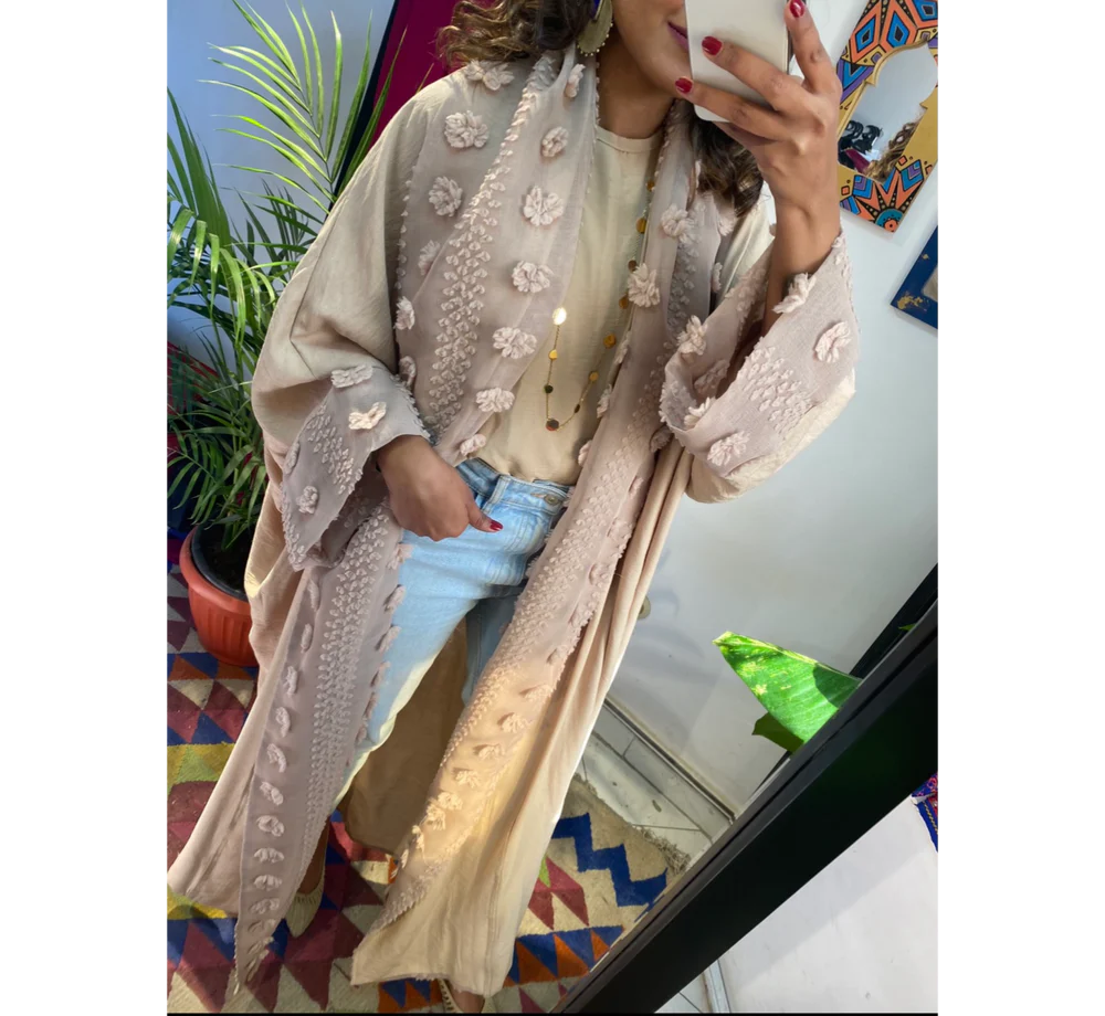 Shawl collar beige linen kaftan