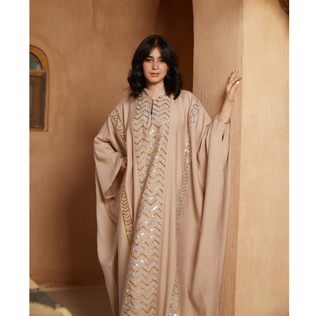 Linen & sequin embroidered beige kaftan