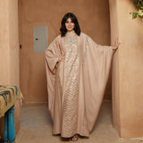 Linen & sequin embroidered beige kaftan