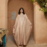 Linen & sequin embroidered beige kaftan