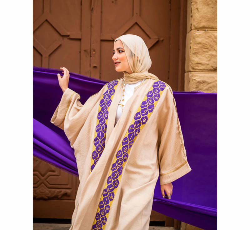 Beige & purple embroidered kaftan cardigan