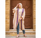 Beige & purple embroidered kaftan cardigan