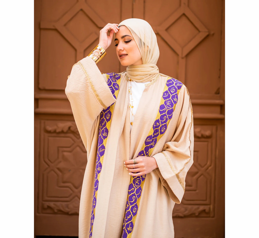 Beige & purple embroidered kaftan cardigan