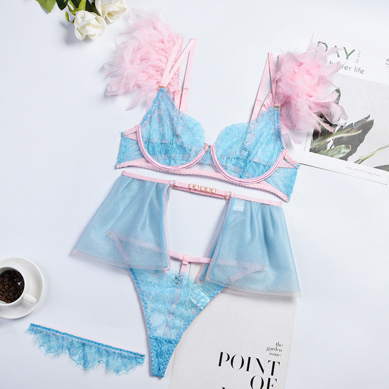 Pink Sexy Lace Garter Bra Panty Set
