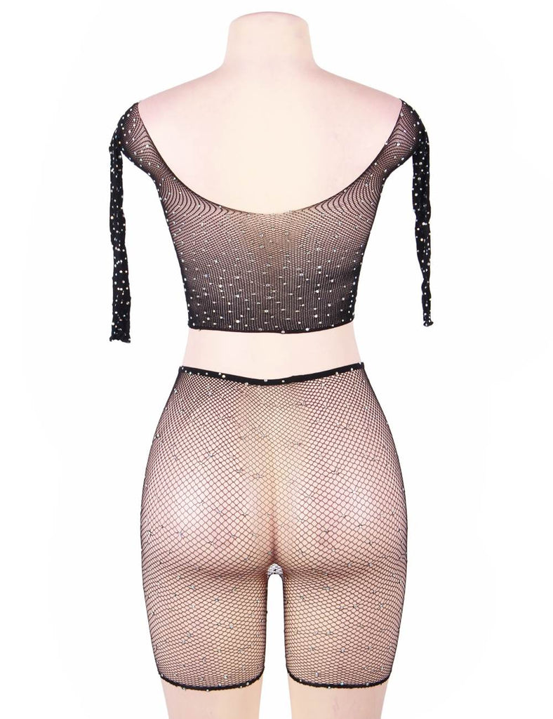 New Two Piece Fishnet Rhinestone See Through Long Sleeve Top and Shorts Set