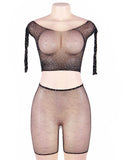 Two Piece Fishnet Rhinestone See Through Long Sleeve Top and Shorts Set