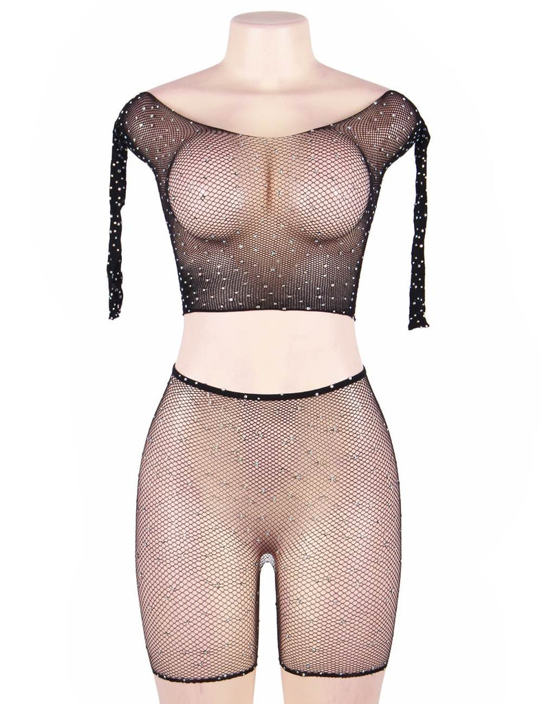 New Two Piece Fishnet Rhinestone See Through Long Sleeve Top and Shorts Set