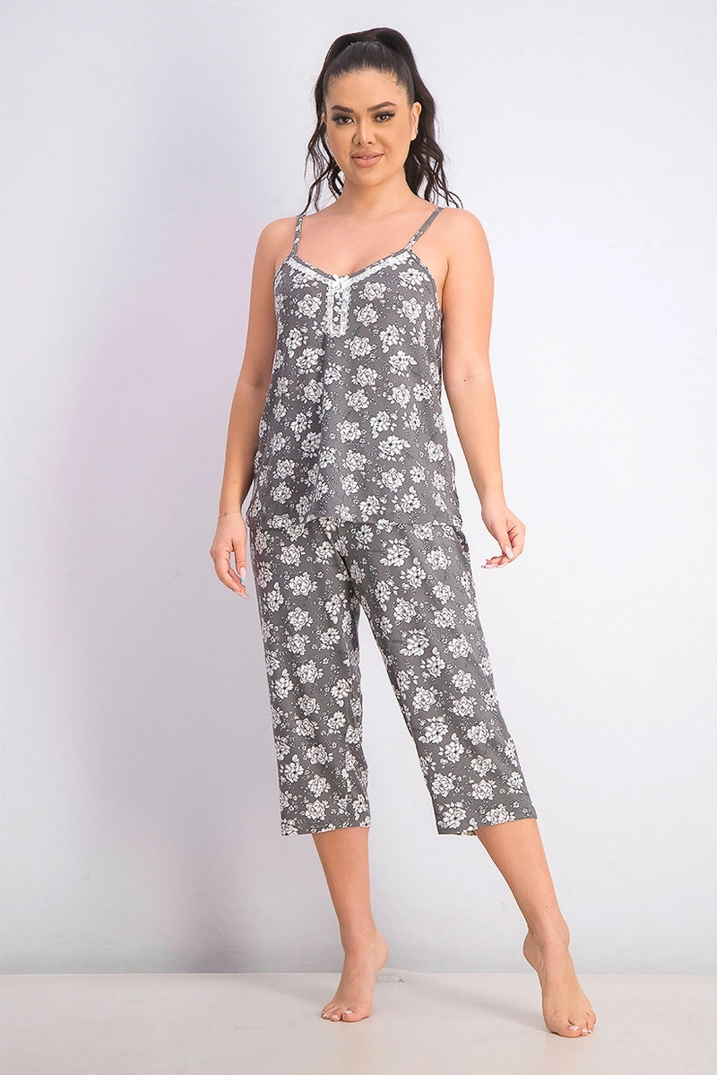 Rene Rofe Women's 2 Piece Printed Sleeveless Top and Pull On Pants Set, Grey Combo