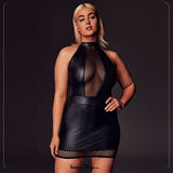 Sexy Solid Black Color Halter Leather Lingerie Dress