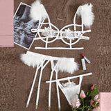 New Sexy 3pcs Embroidery Applique Feather Bra Panty Set With Underwire