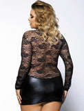 Leather Patchwork Lace Round Neck Front Pleat Long Sleeve Sexy Leather Miniskir