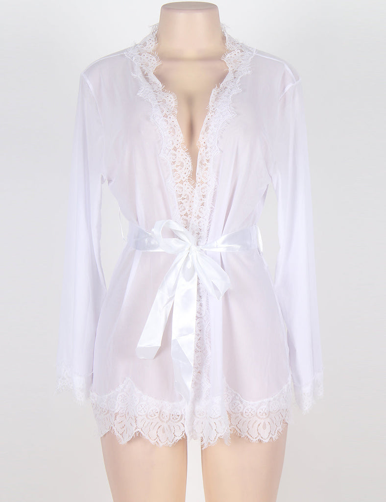 New Sheer Lace Trim Purple & Red & Black & White & Pink Robe With Thong