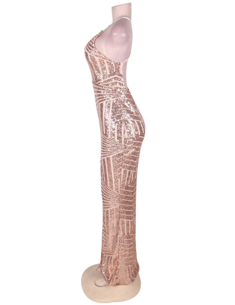 Striped Sequins Nude Long Dress