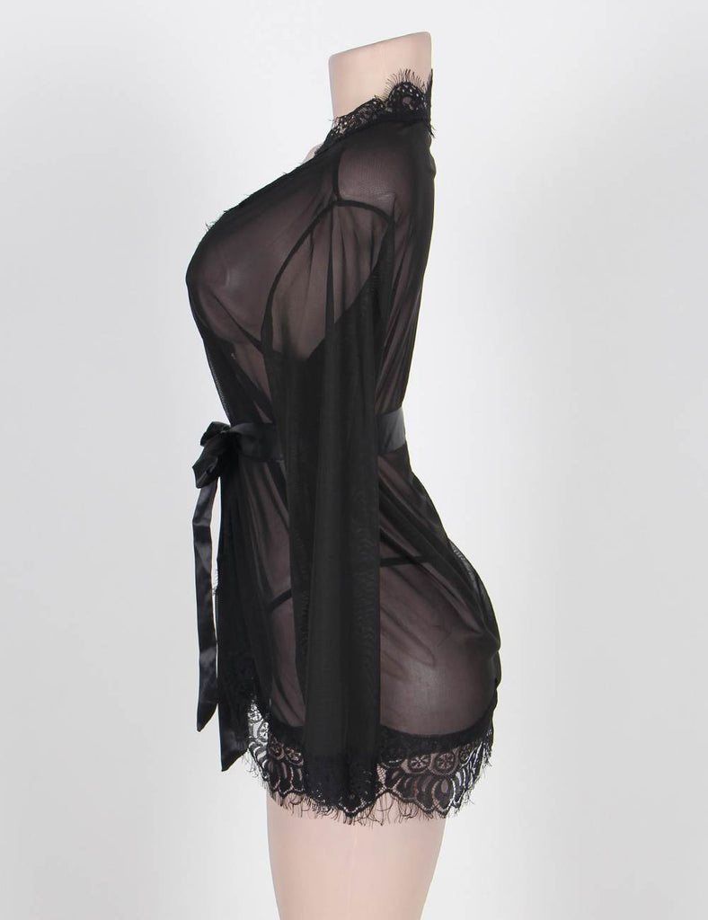 New Sheer Lace Trim Purple & Red & Black & White & Pink Robe With Thong