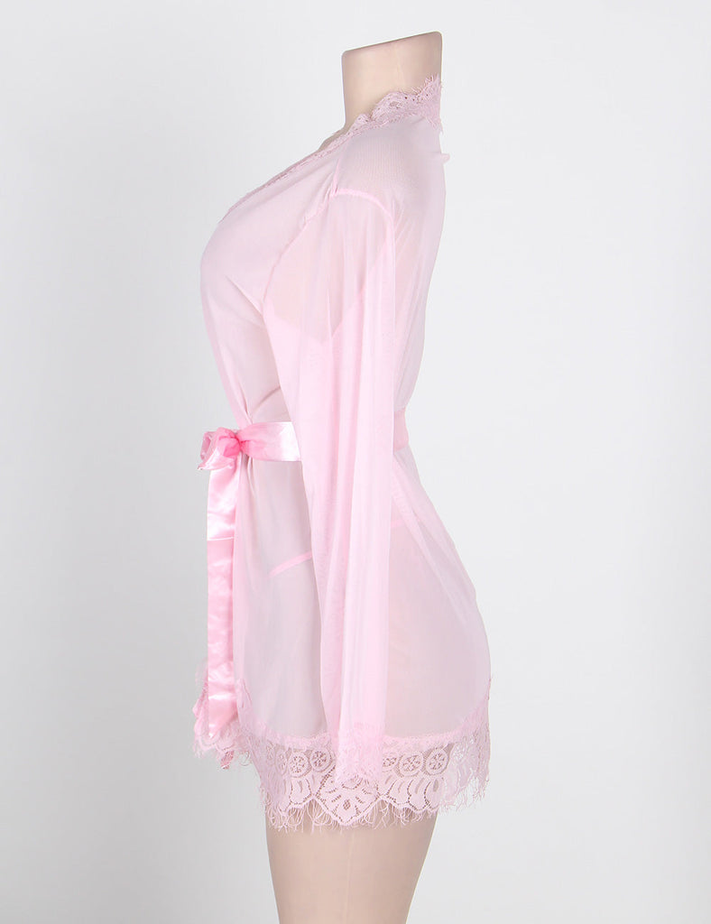 New Sheer Lace Trim Purple & Red & Black & White & Pink Robe With Thong