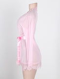 New Sheer Lace Trim Purple & Red & Black & White & Pink Robe With Thong