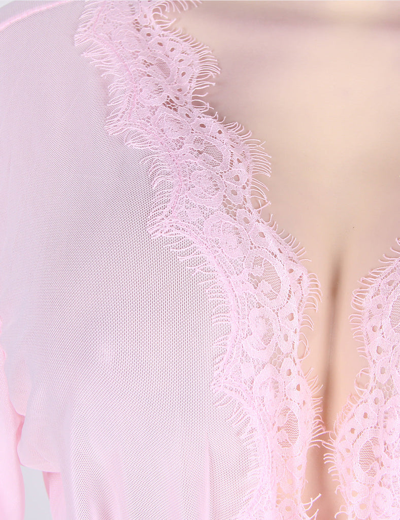 New Sheer Lace Trim Purple & Red & Black & White & Pink Robe With Thong